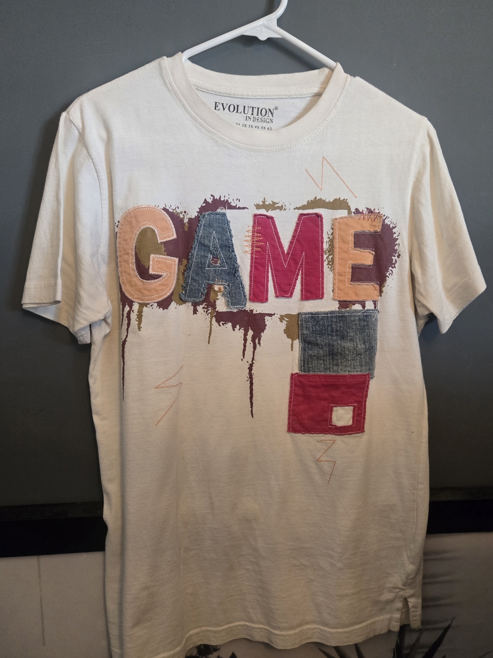 GAME Graphic T Shirt by Evolution In Design sz M/L- Cream/ Multicolor Appliqué